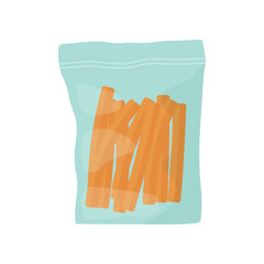 Sticker - Carrot sticks in plastic pack vector illustration. Packaging with pieces of vegetable or healthy snack for lunch at school or office on white background. Lunch break, food concept