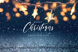 Fototapeta Kawa jest smaczna - Merry Christmas and happy new year, Christmas stars lights with falling snow, snowflakes, Winter and new year holidays.