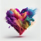 Fototapeta Koty - Rainbow exploding heart made from powder on white background. Freeze shape motion of color powder explosion. St. Valentine's Day card creative idea. AI generated image. 