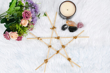 Wooden pentagram, Pagan Branch Pentagram - witchcraft tools of natural wood, aroma wax candle, crystals stone healing, rose quart, black tourmaline, clear quartz, bouquet flowers, cleanse negative