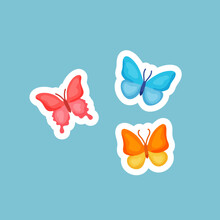 Retro Hippie Badge With Butterflies Vector Illustration. Sticker Or Patch With Butterflies On Blue Background. Hippie, Peace, Music, Love, Accessories Concept
