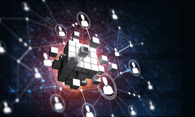Wall Mural - concept of internet and networking with digital cube figure on dark background