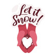 Snow heart in hands in mittens. Human hands in warm red gloves hold a snowball in the shape of a heart. Winter concept. The inscription 