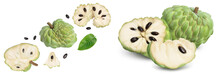 Sugar Apple Or Custard Apple Isolated On White Background. Exotic Tropical Thai Annona Or Cherimoya Fruit. Top View. Flat Lay