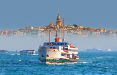 Poster - Sea voyage with old ferry (steamboat) in the Bosporus - Dolmabahce Palace  seen from the Bosphorus  - Galata Tower, Galata Bridge, Karakoy district and Golden Horn, istanbul 