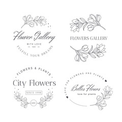 Wall Mural - Vector set flowers logos templates. Modern hand drawn line style design. Minimalist drawn floral logo design illustration.