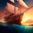 A beautiful ship on the high seas on a sunny day. An old ancient galleon. . Generative AI