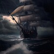 A pirate ship on the high seas during a storm. An old ancient pirate galleon. . Generative AI