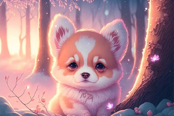 Cute anime puppy  in kawaii style, winter forest, pastel glow	