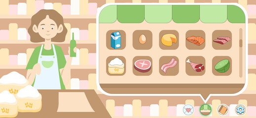 Game design of supermarket, female cashier, grocery, food elements. User interface with frame and buttons in flat style element info graphic, website, games.