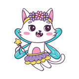 Fototapeta Pokój dzieciecy - Cute cartoon cat fairy with magic wand in ballerina tutu in doodle style isolated on white background