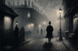 Leinwandbild Motiv AI generated image of a Victorian era private detective walking through the streets of London on a moody evening 