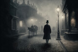 Fototapeta Londyn - AI generated image of a Victorian era private detective walking through the streets of London on a moody evening 