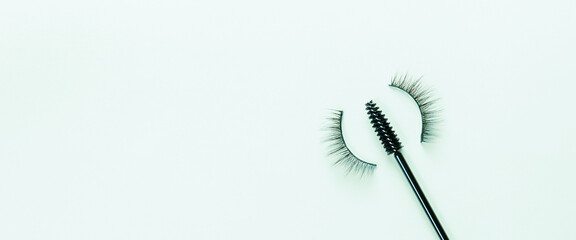 Wall Mural - Overhead eyelashes and brushes on blue background. Makeup of female eyes. Eyelash extension. Piece care. Banner.