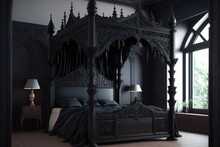 Luxury Black Bedroom With A Big Royal Bed, Interior, Castle, Modern, Rich, Clean, Castle, Empty, Atmospheric