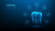 Dental Digital Technology Blue Dark Background.tooth Wireframe With Icon Medical. Innovation Medical  Root Canal Treatment. Dental Clinics And Hospitals Symbol. Vector Illustration Fantastic Low Poly.