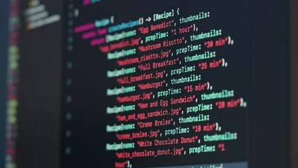 Coding UX UI script text on screen, HTML5 in editor for website development, Close up Macro of Programming code software developer. 