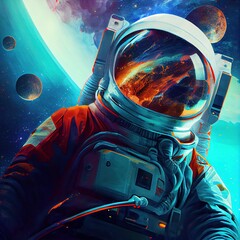 Wall Mural - A fictional person, not based on a real person. Portrait of an fictional astronaut in a spacesuit. High-tech astronaut from the future. The concept of space travel.  .  Generative AI