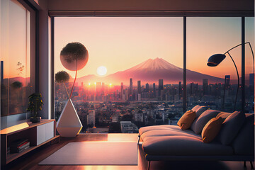 midjourney mockup illustration of a modern living room with view to Tokyo city with its mountain Fuji