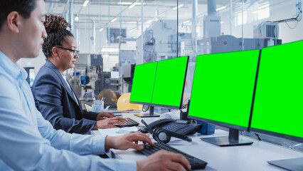 Leinwandbilder - Factory Office Facility: Industrial Engineers Drafting Blueprints of a Heavy Industry Machine Parts on a Computer CAD Software. One Computer Monitor Display is a Green Screen Mock Up Template.