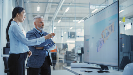 Wall Mural - Factory Office Meeting: Engineer Talking with Industrial Parts Supplier About a Business Venture and Collaboration on Next Generation Hydraulics Mechanism for Heavy Industry Equipment.