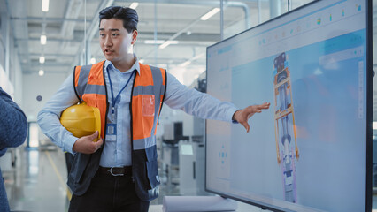 Wall Mural - Factory Office Meeting: Asian General Manager Talking with Chief Engineer in a Conference Room with TV Set. Heavy Industry Employees Discussing Modern Hydraulics Mechanism for Industry Equipment.