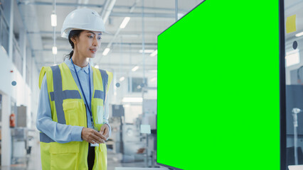 Aufkleber - Factory Office Meeting: Senior Engineer Talking in a Conference Room with TV with Green Screen Mock Up Display. Concept for Heavy Industry and Manufacturing Related Templates.