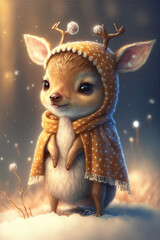 Little cute baby reindeer on winter Christmas day in warm winter clothes waiting for the parents to return from giving gifts to the children. Illustration of a small fictional creature.