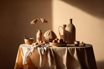 A beautifully and elegantly set table as if for painting a Christmas dinners picture. Sharp shadows sand colored retro vintage interior. Warm family atmosphere. Beige background.