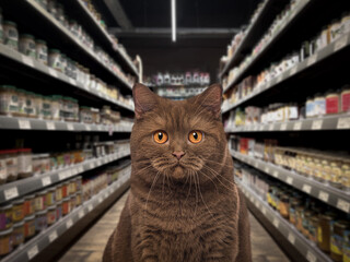 Cat looking at the camera in front of and in the middle of a food shelf in a pet supermarket. The background is blurred and dark.