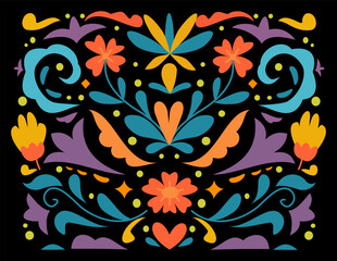 Leinwandbilder - Mexican style abstract patterns with colorful floral illustrations. Traditional background design 
