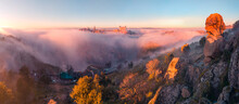 Picturesque Scenery Of Ancient Town With Palace In Morning Fog