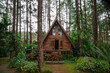 Triangle house made of wood in the forest in the rainy season