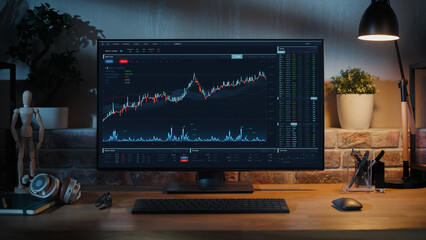 Poster - Desktop Computer Monitor Standing on a Wooden Desk with Height Adjustable Function. Economic Charts and Statistics Displayed on Screen at Home in Modern Living Room or Creative Loft Office