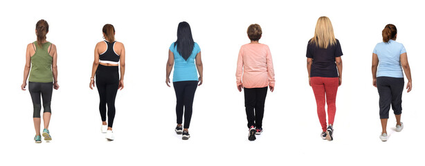 Wall Mural - back view group of women in sportswear walk on white background