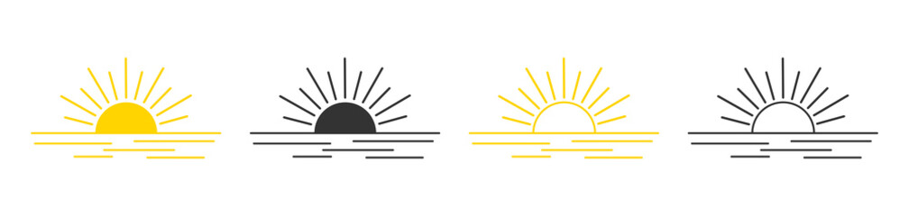 Wall Mural - sunset line icon. logo of sun with sea. design illustration of water and sunrise. yellow and black s