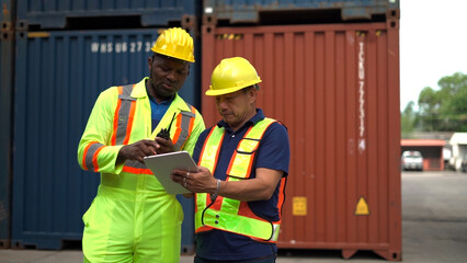 Wall Mural - Logistic staff flying drone to survey and inspect stack container in shipment company area.