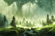 Deep Forest. Fantasy Backdrop. Concept Art. Realistic Illustration. Video Game Digital CG Artwork Background. Nature Scenery.