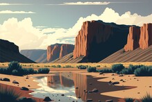 Arizona Like Valley Desert Landscape With River Stream And Towering Sandstone Rock Formation Cliffs, Beautiful Rain Clouds In The Distant Horizon - Cartoon Stylized Art.	
