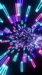 Wall Mural - Vertical 3D animation of colorful neon lights glowing in the circular, black background
