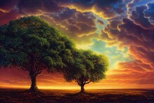 Photorealistic Painting Of The Appletree, Luminous Shimmering Glimmering Glowing, Epic Matte Painting Sky