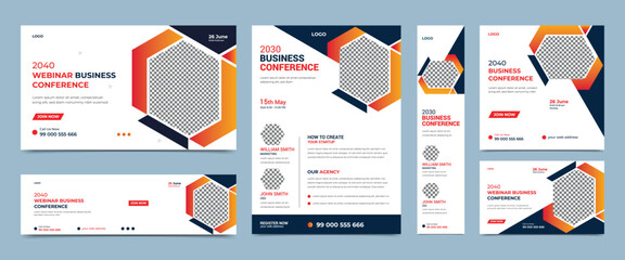 Webinar business conference social media web banner, square banner, conference flyer and cover banner template. Online webinar conference invitation banner design template.