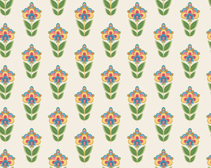 Floral seamless vector pattern with decorative folk style flowers.