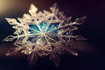 Beautiful patterned macro snowflake, dark background, AI generated image