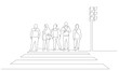 Continuous line drawing of crosswalk. People waiting green traffic light. Vector illustration.