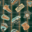 Vintage northern outdoor discovery adventure camping badge patchwork with tartan plaid background vector seamless pattern 