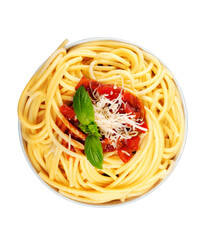 Wall Mural - Pasta in a white bowl with tomato sauce and fresh basil set against a white napkin on a white table