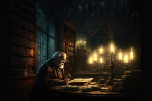 AI Generated Image Of An Old Man Reading A Book At Night In A Large Antique Gothic Library 