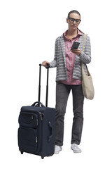 Wall Mural - PNG file no background Woman traveling and using a smartphone