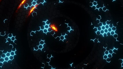 Canvas Print - Wavy surface with neon glowing hexagons. Infinitely looped animation